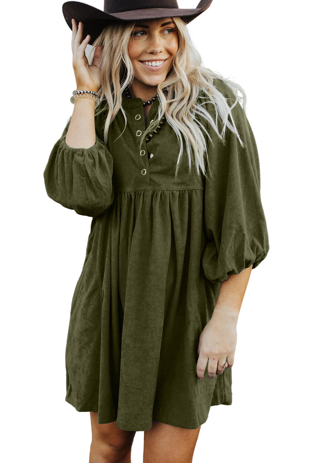 Snap Button Empire Waist Lantern Sleeve Corduroy Dress