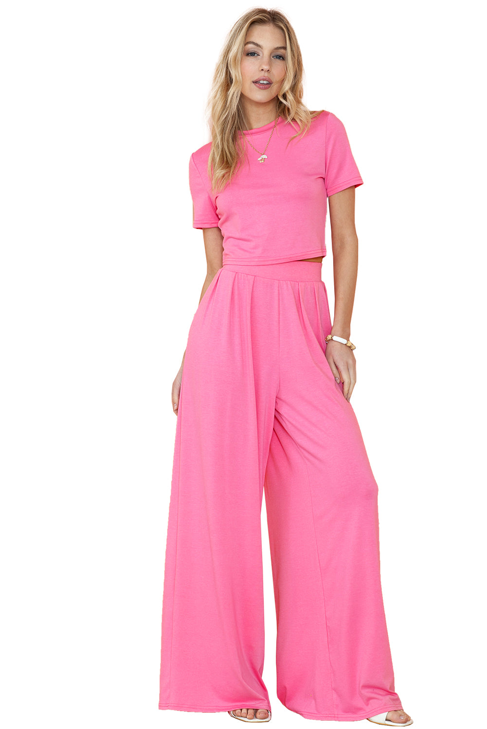 Plain Slim Fit Crop Top And Wide Leg Pants Set