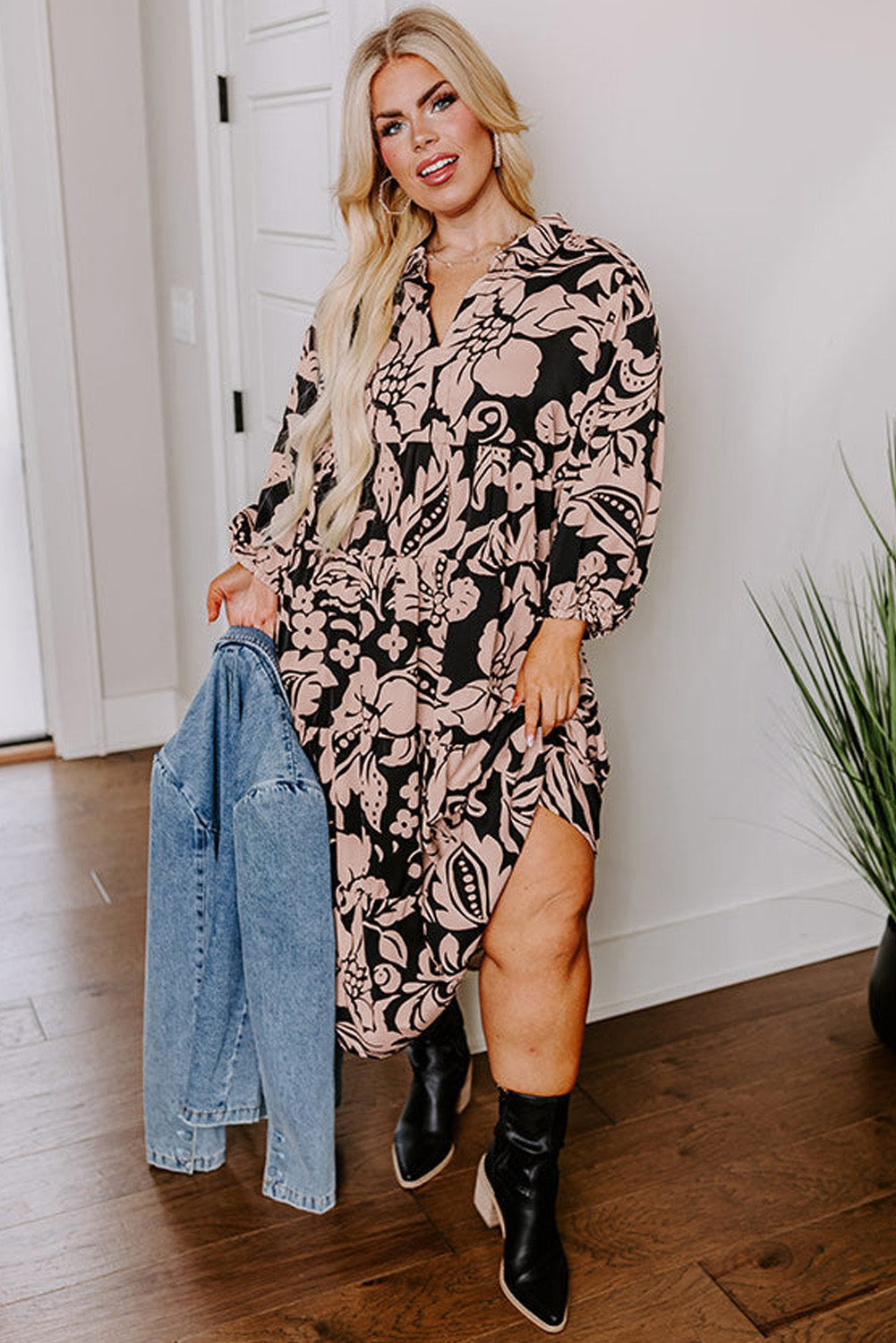 Black Floral Print Puff Sleeve Collared Plus Size Dress