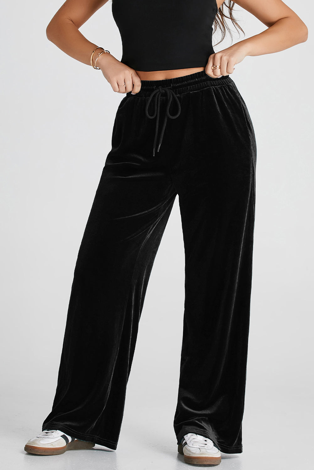 Black Solid Drawstring Waist Wide Leg Pants