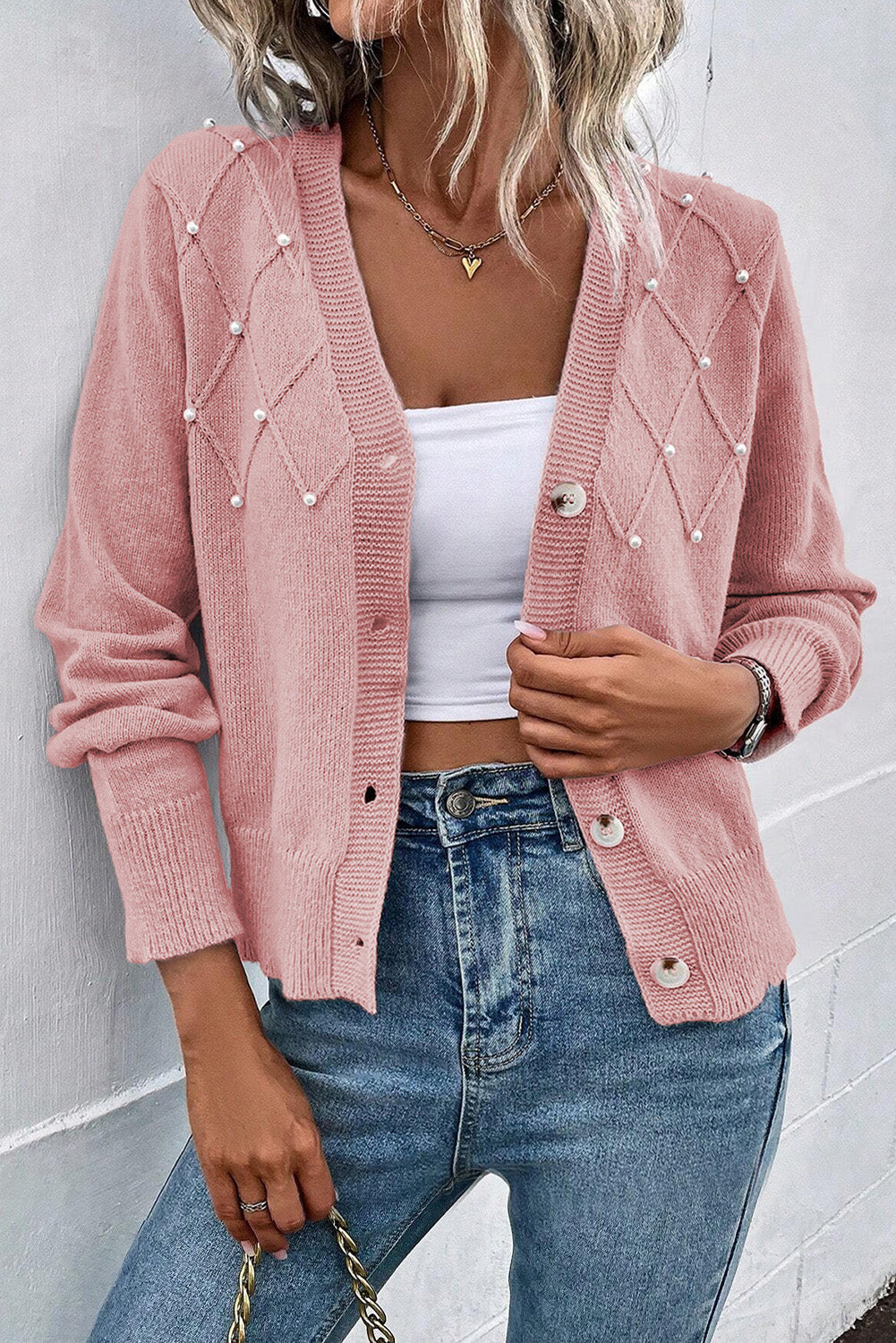 Pearl Beaded Button Up Knit Cardigan