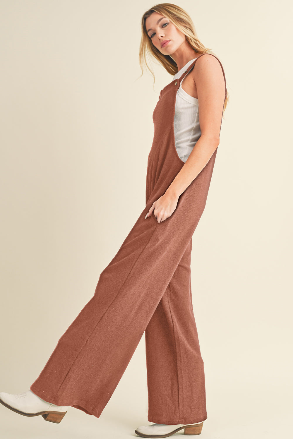 Buttoned Straps Ruched Wide Leg Jumpsuit