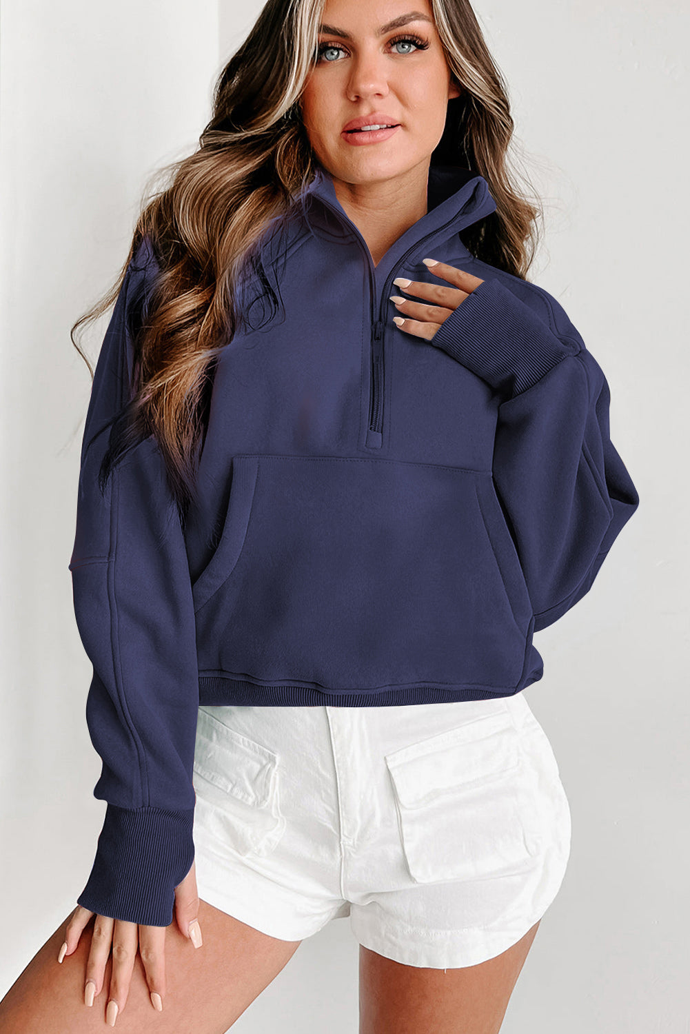 Zip Up Stand Collar Ribbed Thumbhole Sleeve Sweatshirt - 12 Colours Available