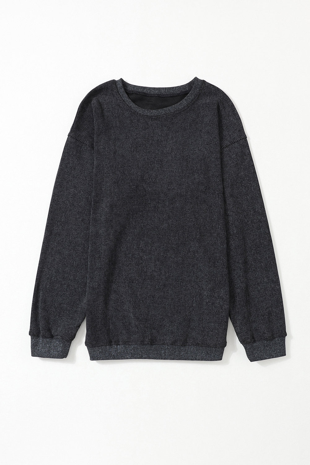 Solid Ribbed Round Neck Pullover Sweatshirt