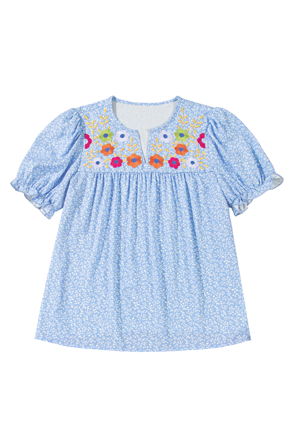 Sky Blue Floral Embroidered Notched V Neck Puff Sleeve Blouse