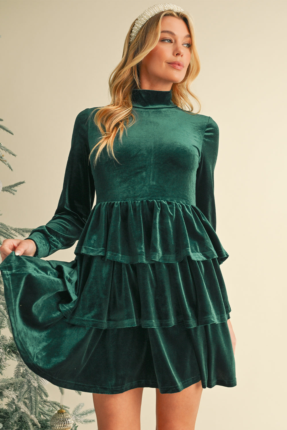 Velvet High Neck Tiered Ruffle Mini Dress