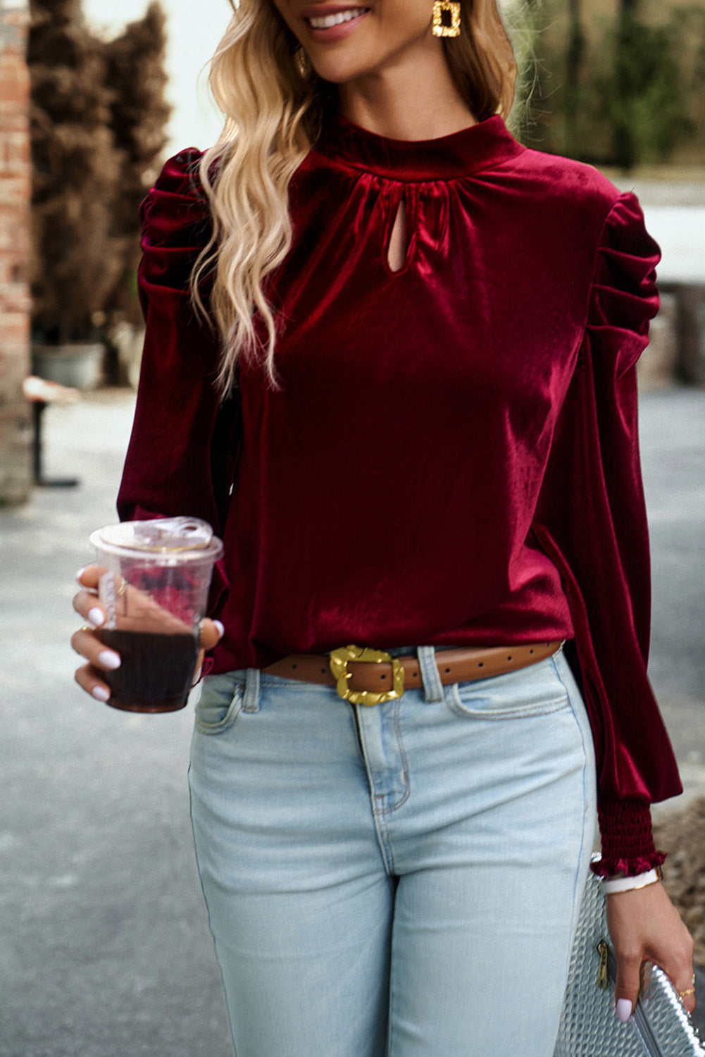 Mock Keyhole Neck Puff Sleeve Velvet Blouse