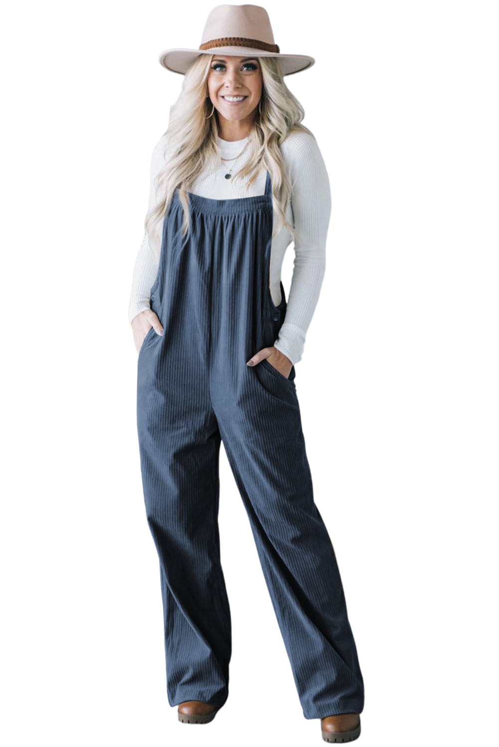 Plain Pocketed Loose Fit Corduroy Overalls