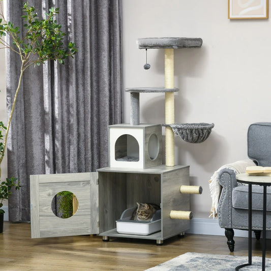 Enclosed Cat Litter Box with Cat House, Cat Bed, Scratching Posts, Platforms, for Indoor Cats - Grey