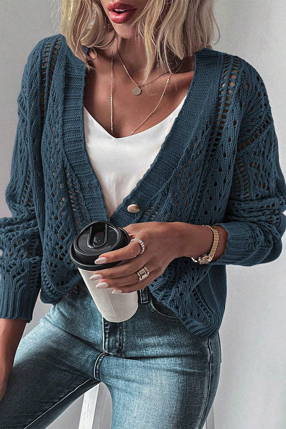 Real Teal Hollow Knit Drop Shoulder Cardigan