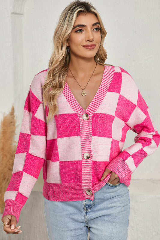 Checkered Buttoned V Neck Drop Shoulder Cardigan