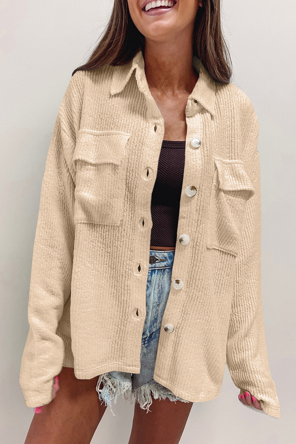 Plain Rib Textured Pocket Button Jacket