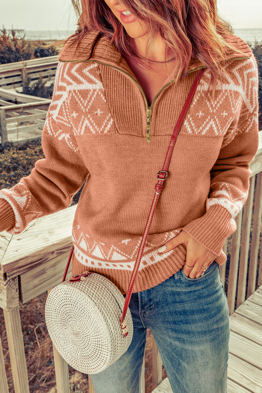 Pink Casual Geometric Knit Quarter Zip Sweater