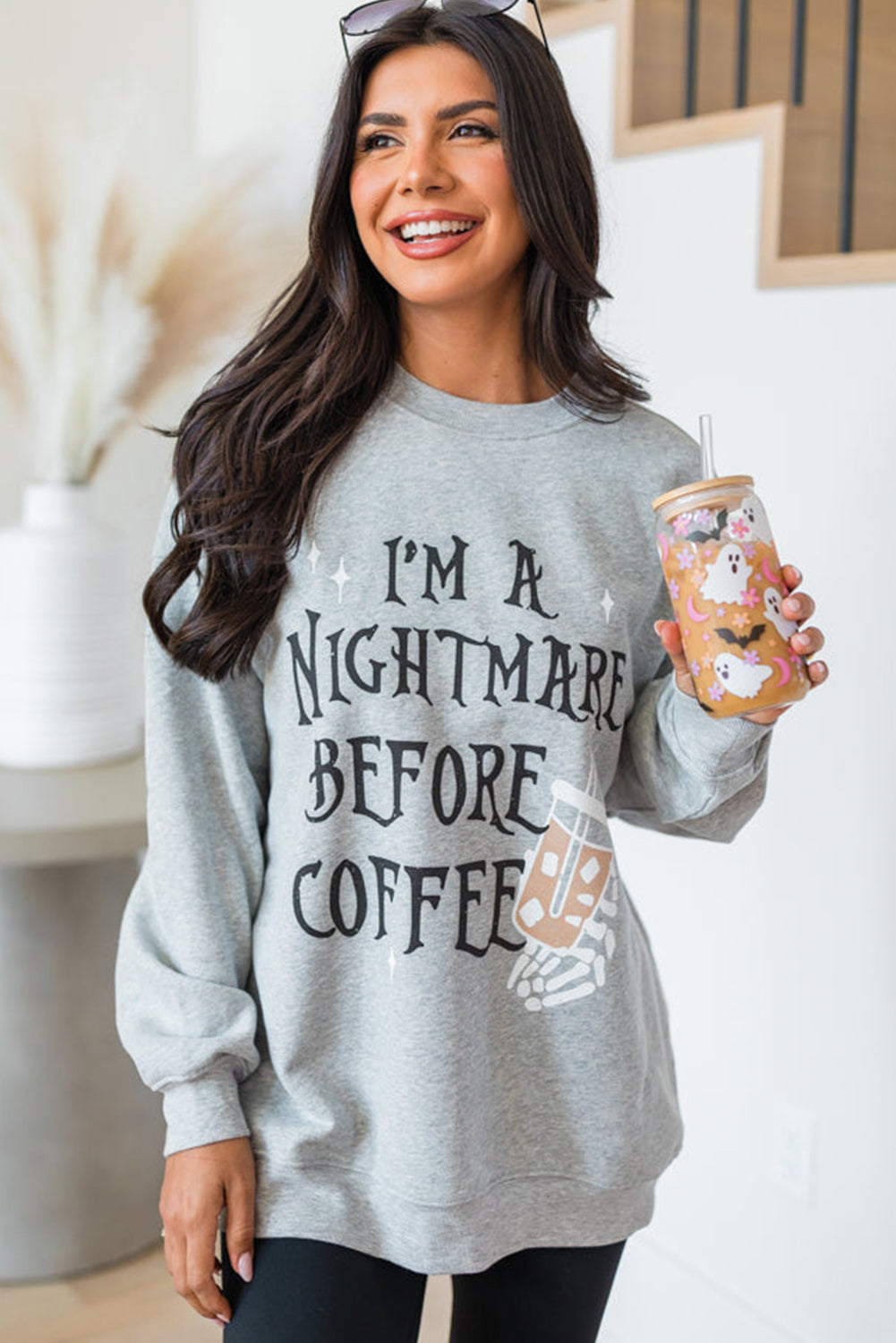 Gray I'M A NIGHTMARE BEFORE COFFEE Graphic Crewneck Sweatshirt