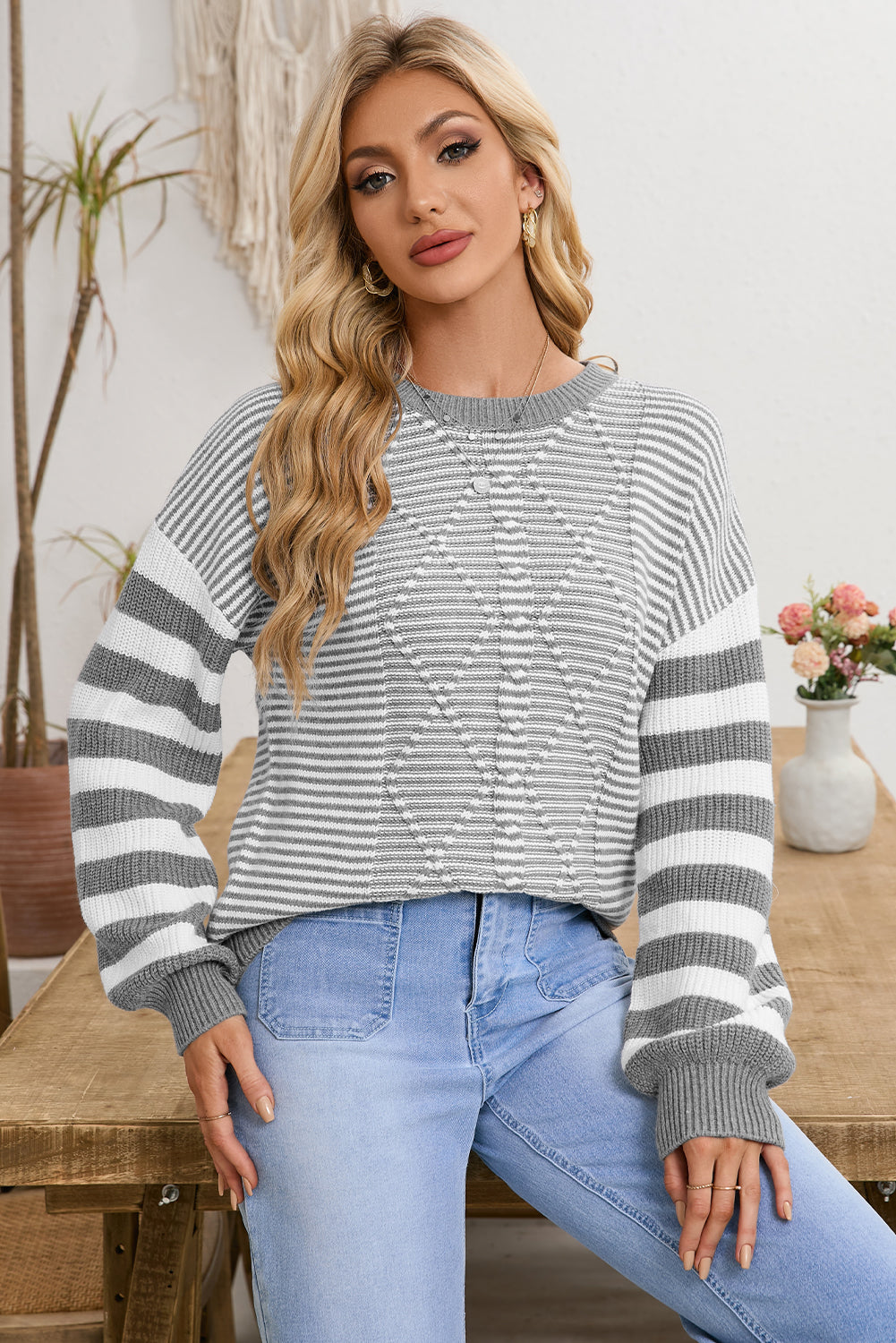 Stripe Twisted Knitted Drop Shoulder Sweater