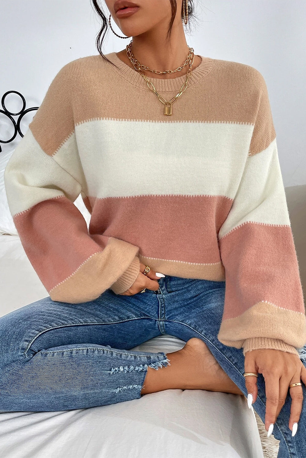 Dusty Pink Colour Block Lantern Sleeve Drop Shoulder Sweater