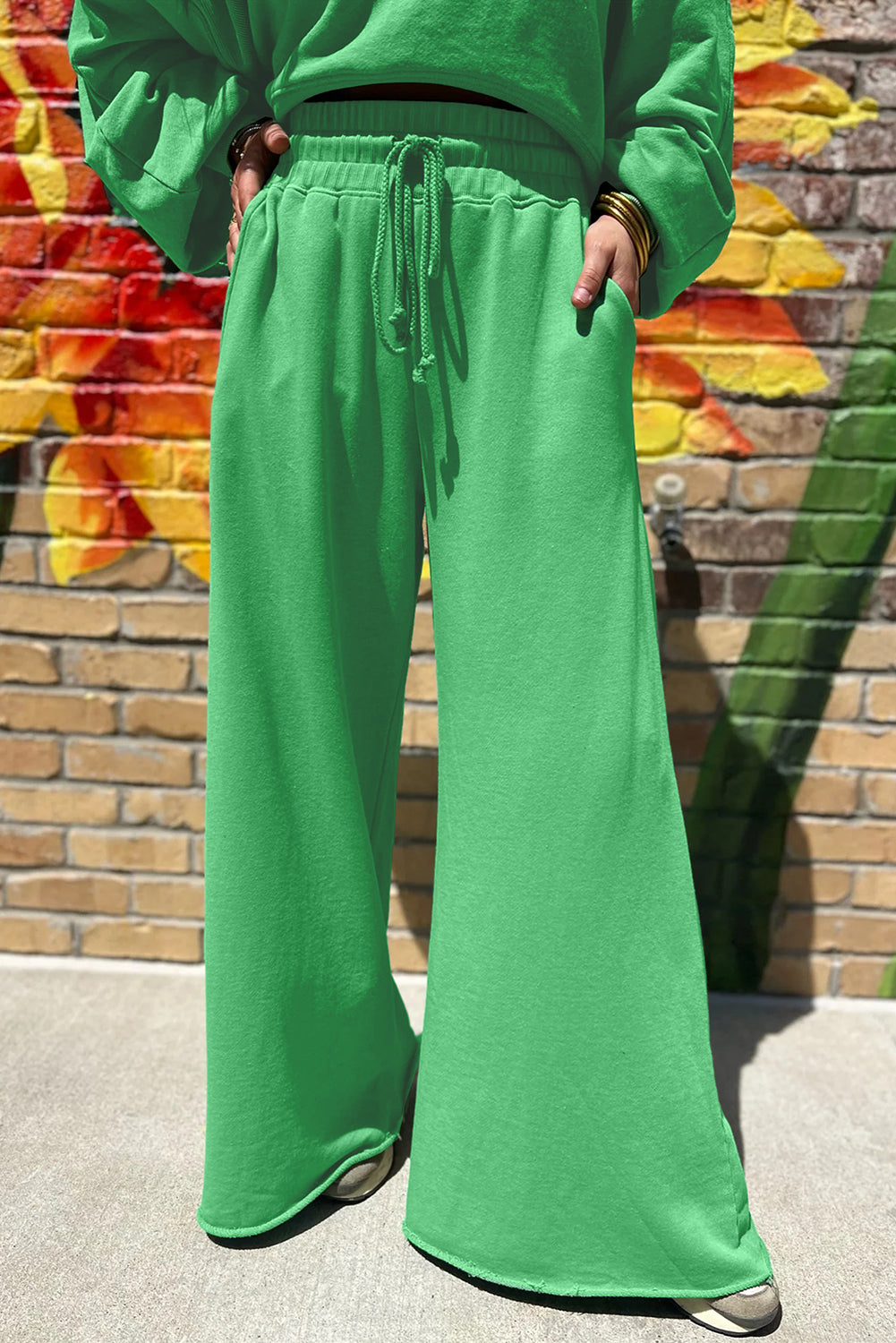 Drop Shoulder Crop Pullover Drawstring Wide Leg Trouser Set