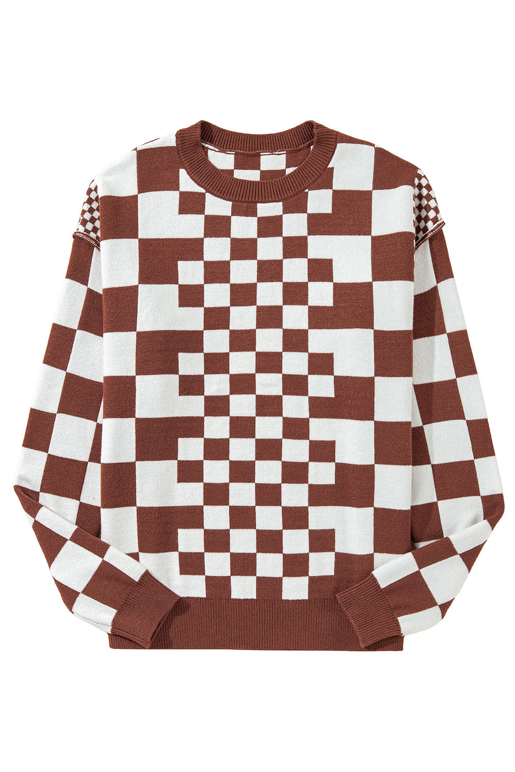 Checkered Drop Shoulder Round Neck Sweater