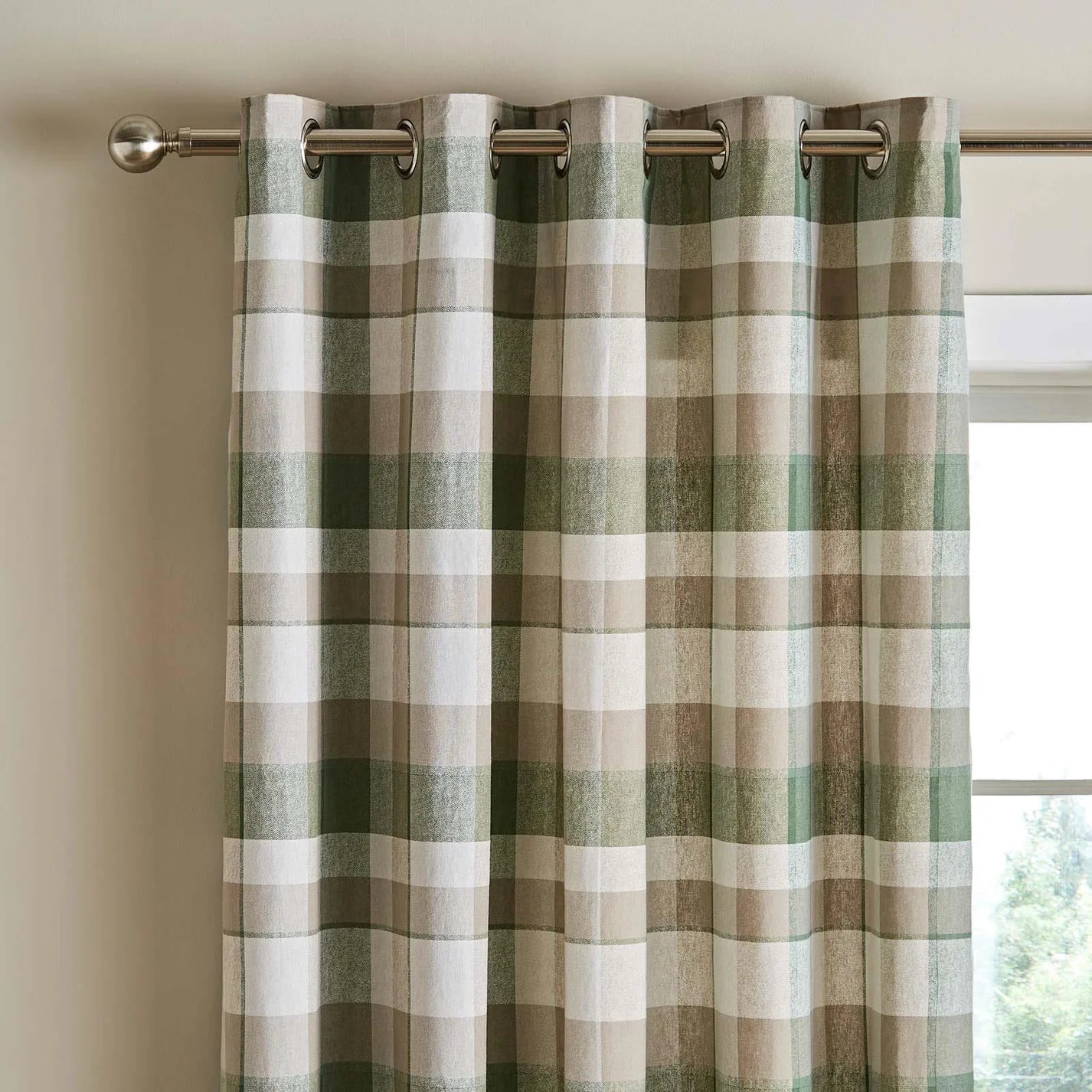 Green Brushed Cotton Thermal Check Eyelet Curtains - Catherine Lansfield