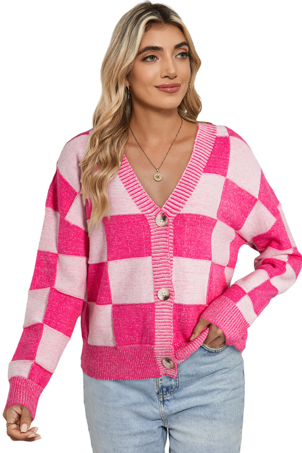 Checkered Buttoned V Neck Drop Shoulder Cardigan