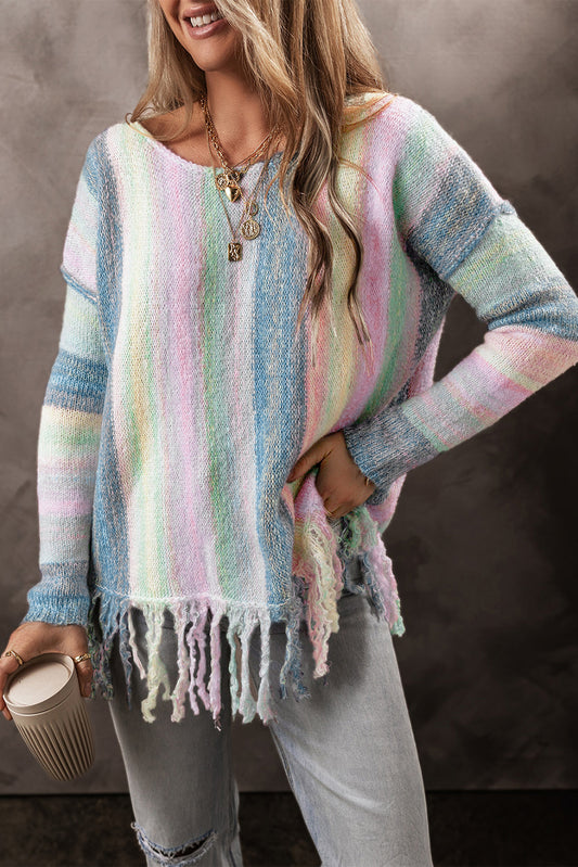 Purple Colour Block Fringe Drop Shoulder Tunic Sweater