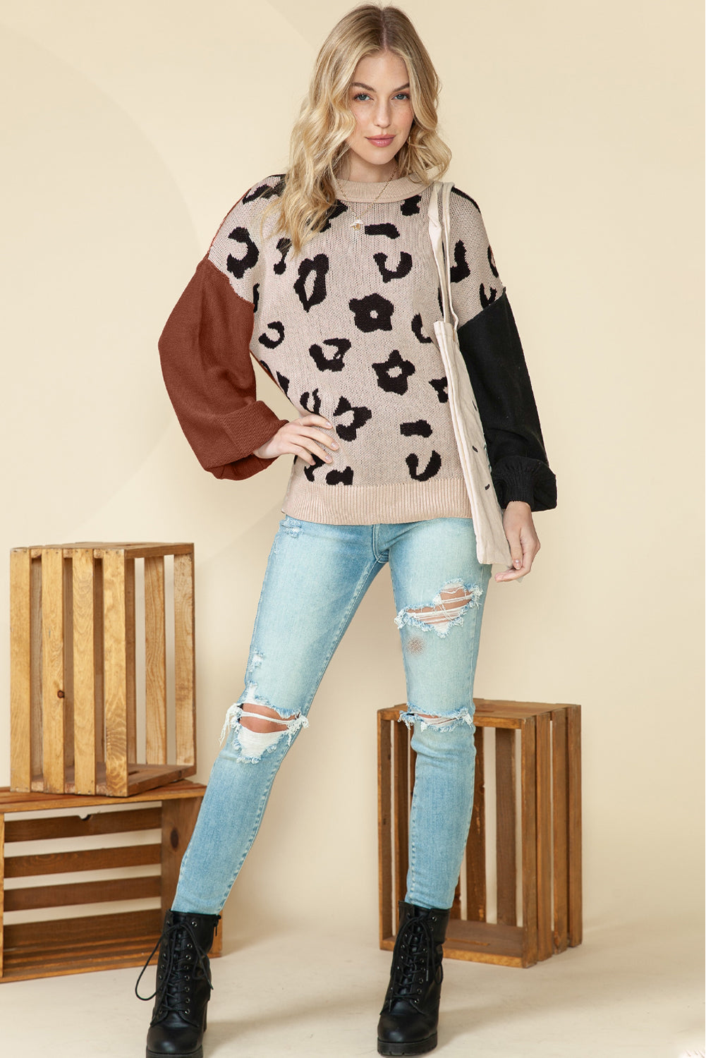 Coffee Leopard Print Patchwork Pullover Sweater