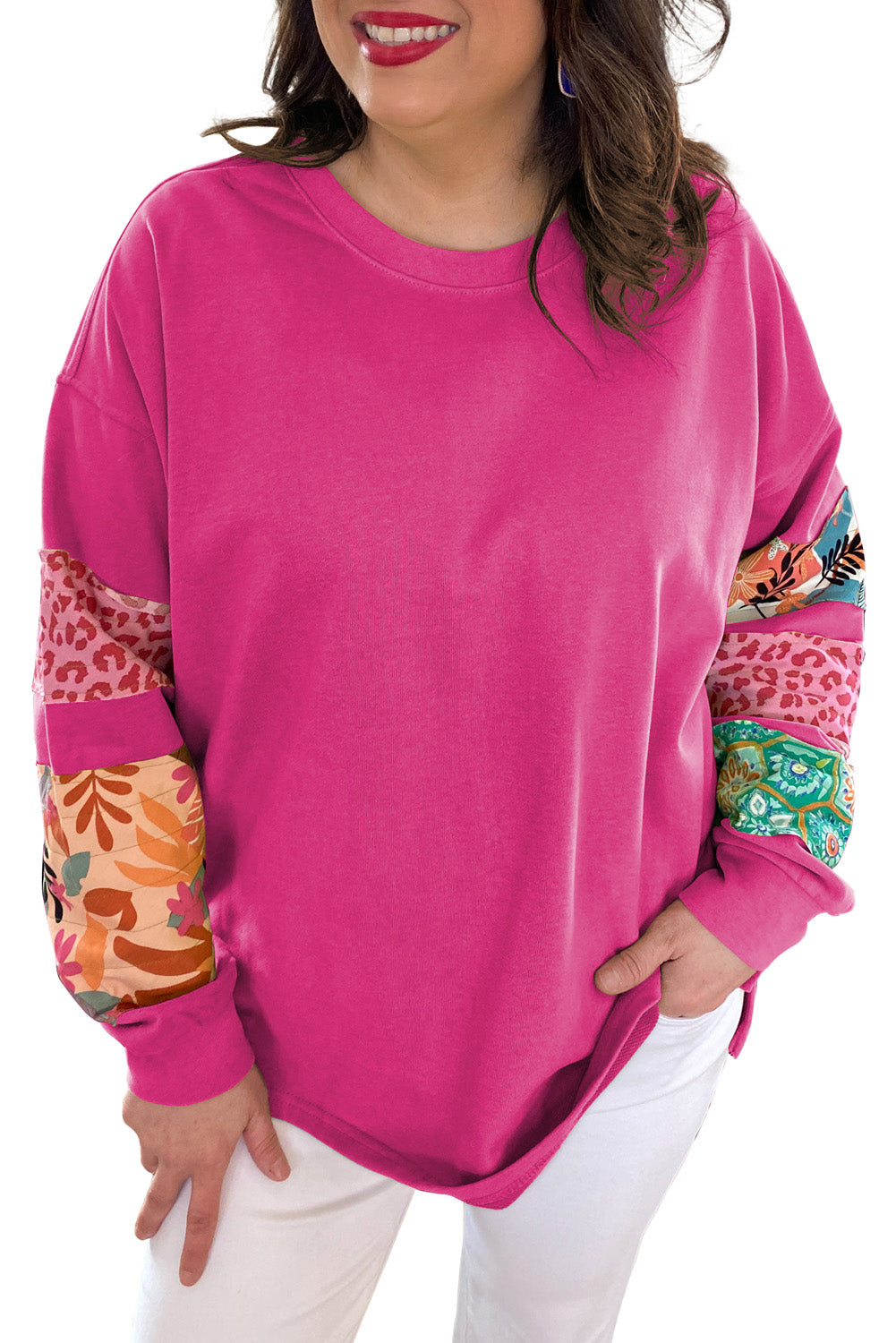 Leopard Patchwork Sleeve Split Plus Sweatshirt