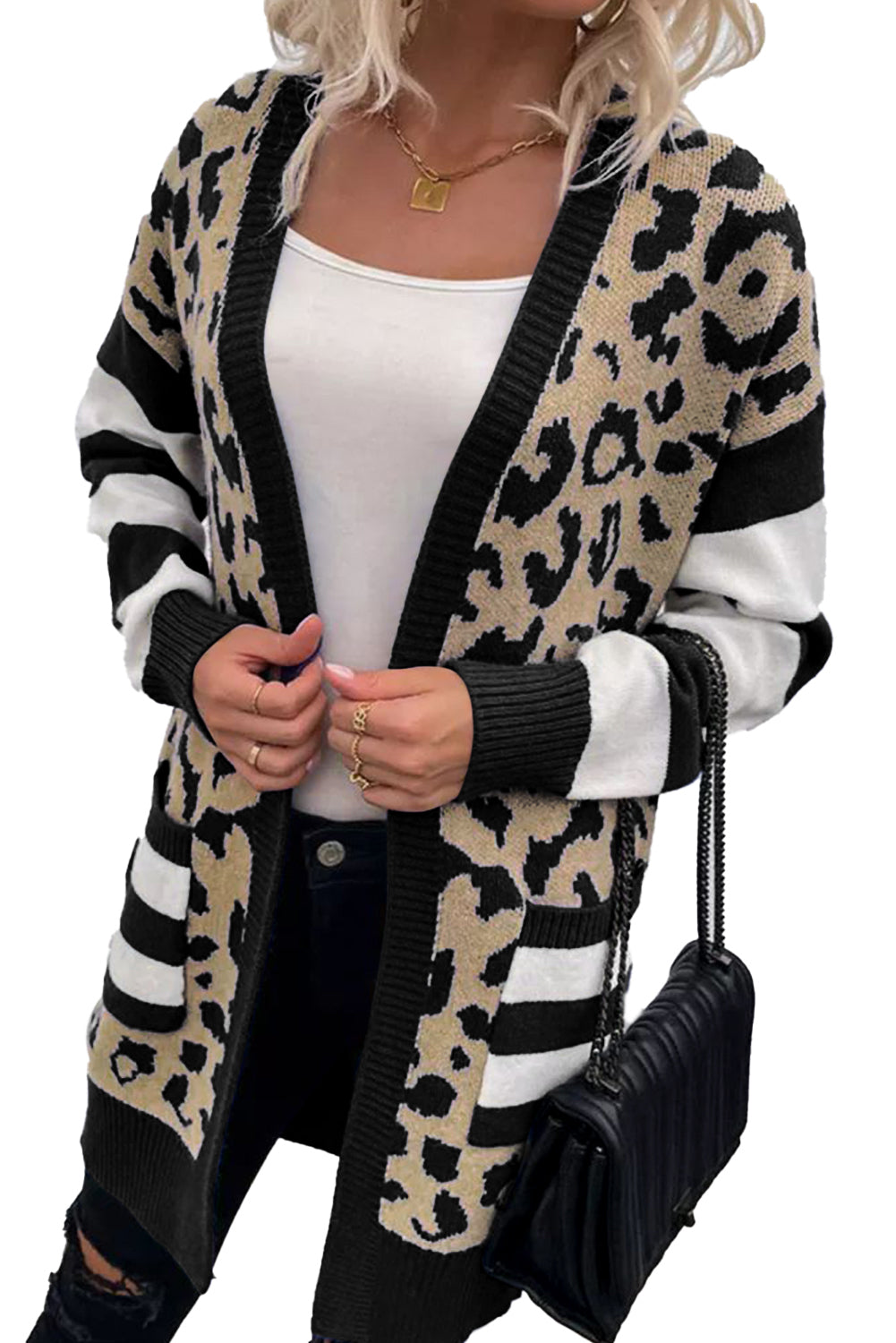 Black Stripe Sleeve Leopard Print Cardigan