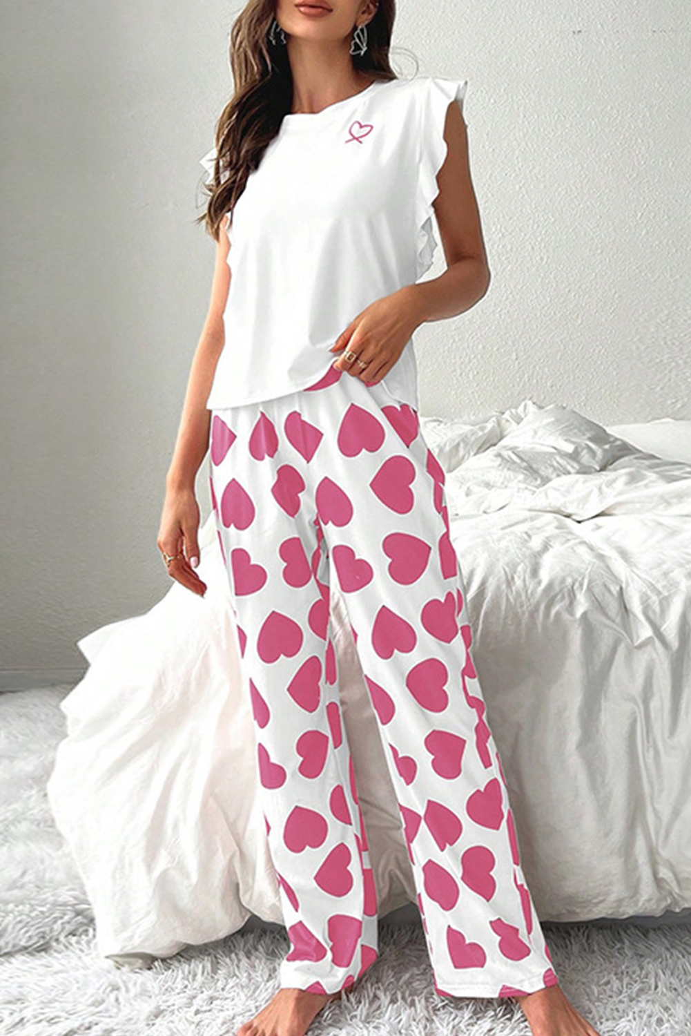 Print Ruffle Sleeveless Top and Pants Valentines Pajama Set