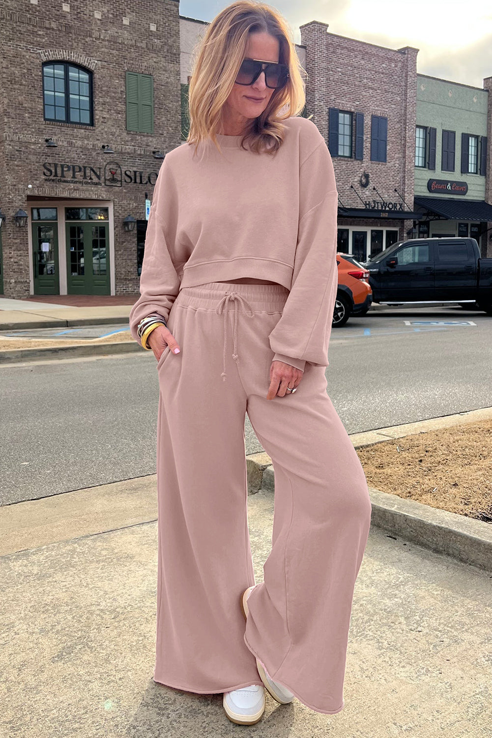 Drop Shoulder Crop Pullover Drawstring Wide Leg Trouser Set