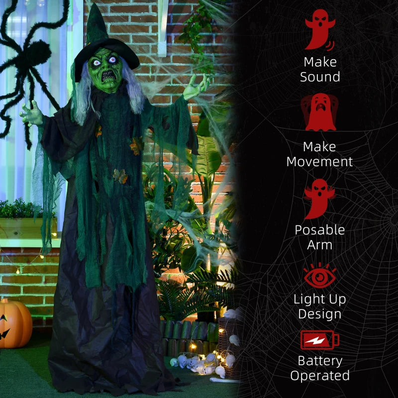 6ft Halloween Witch Decoration, Outdoor Activated Prop with Light Up Eyes Magical Heart, Sound Activated