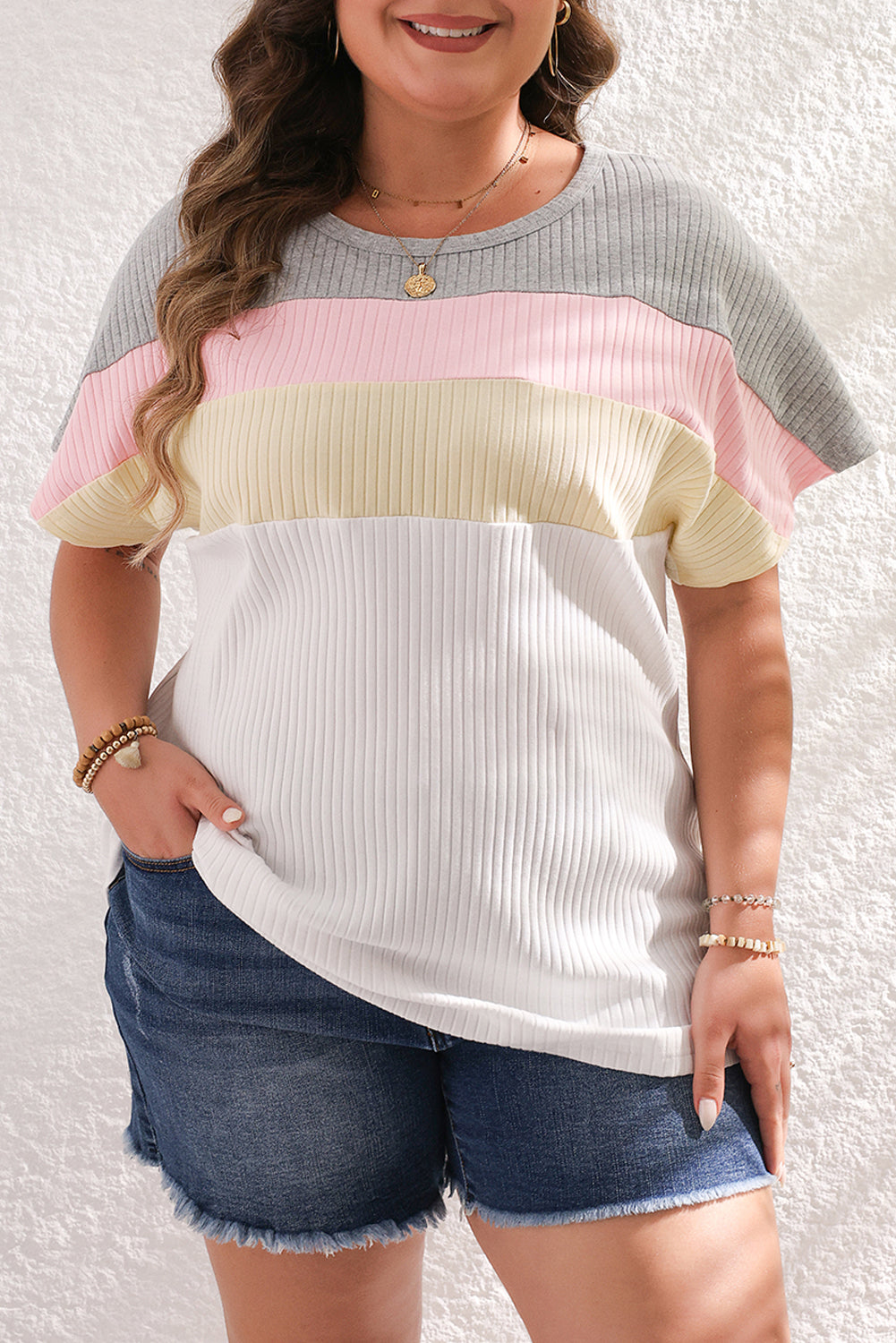 White Ribbed Color Block Patchwork Plus T Shirt