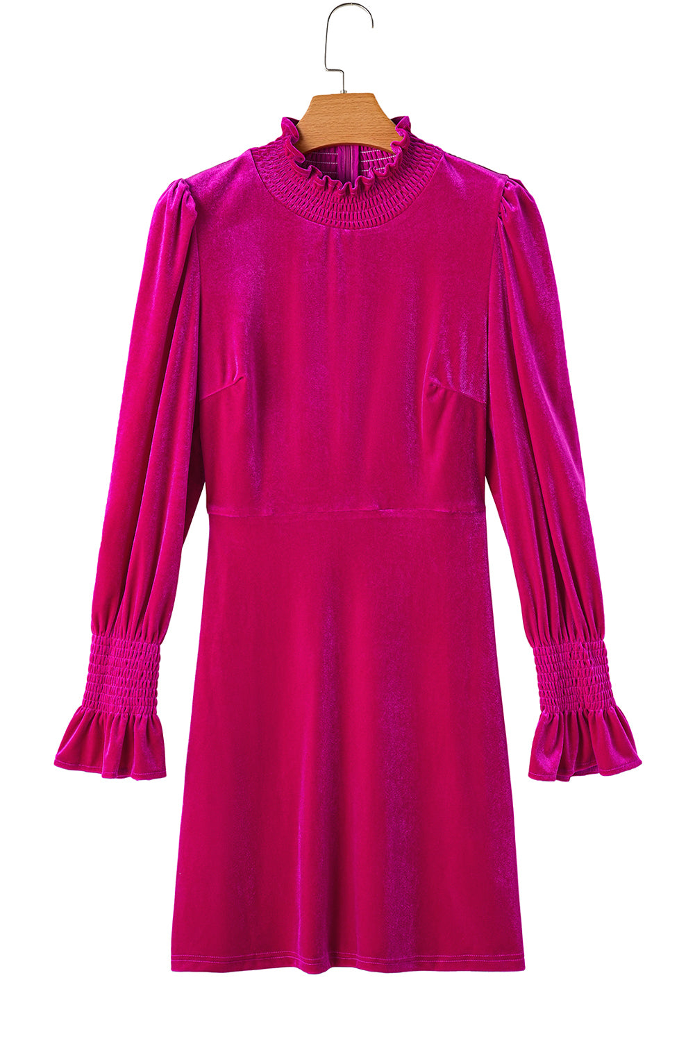 Rose Red Smocked Mock Neck Ruffled Puff Sleeve Velvet Mini Dress