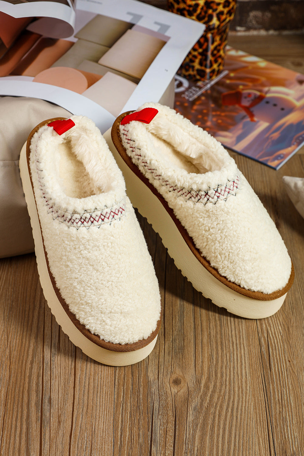 Suede Contrast Print Plush Thick Sole Slippers