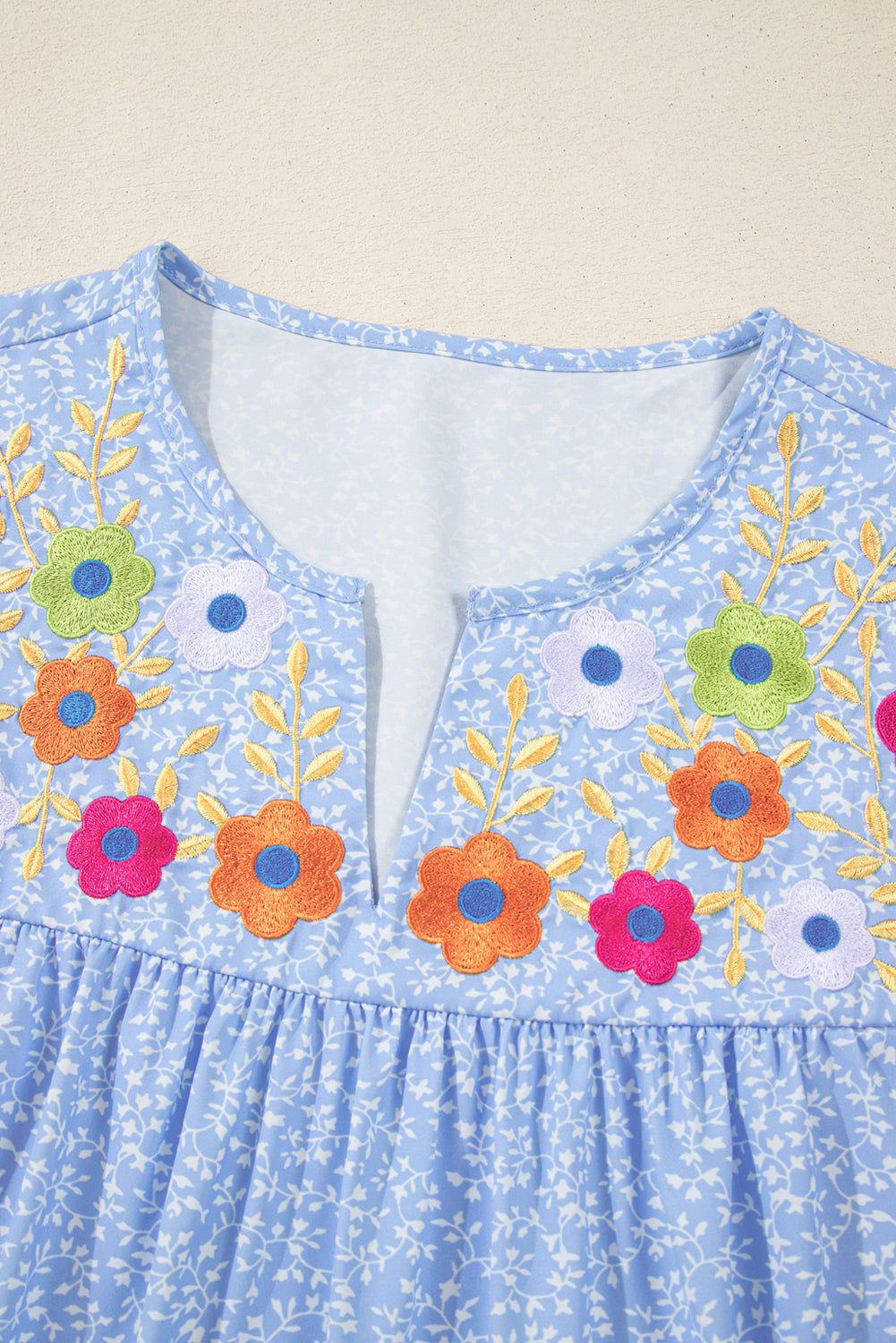 Sky Blue Floral Embroidered Notched V Neck Puff Sleeve Blouse