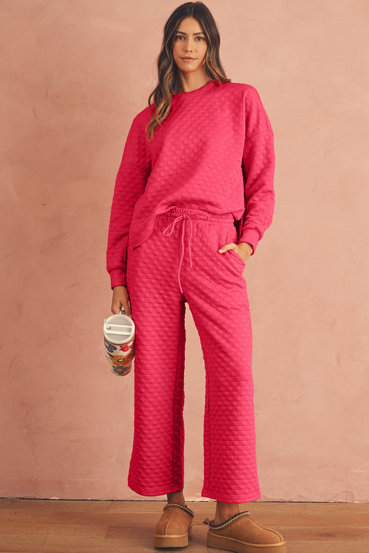 Checkered Textured Split Pullover Top and Pants Set