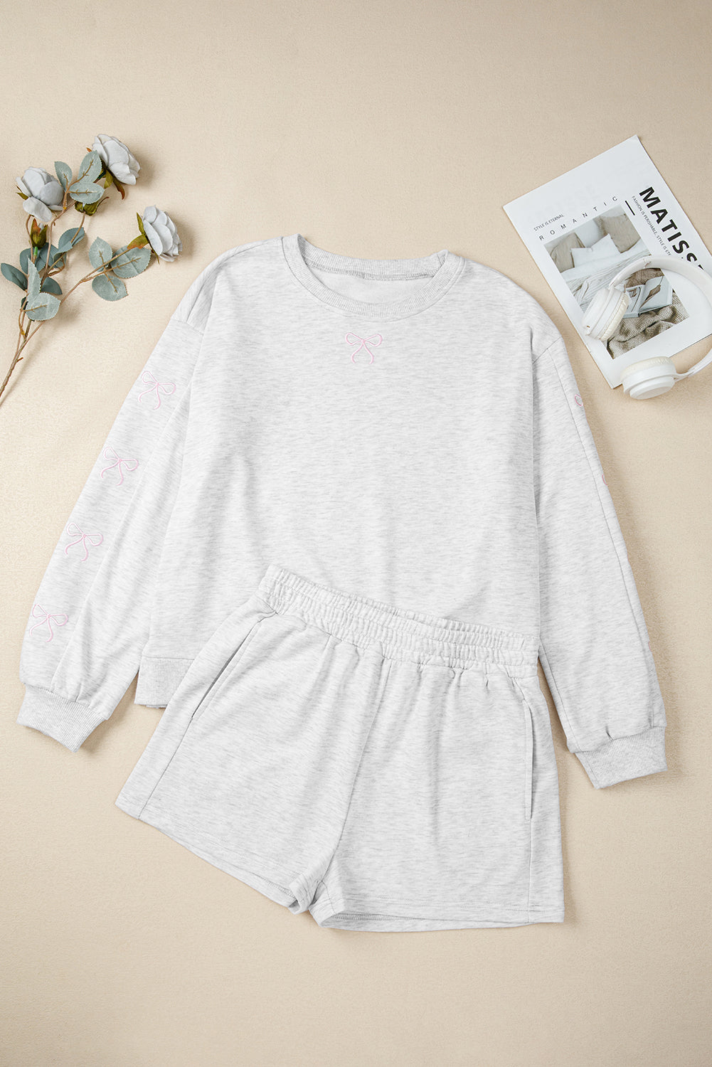 Bow Embroidery Long Sleeve Pullover and High Waist Shorts Set
