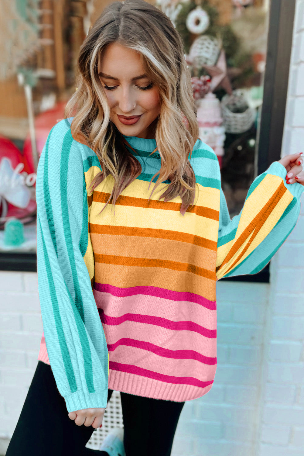 Striped Ribbed Edge Gradient Loose Sweater