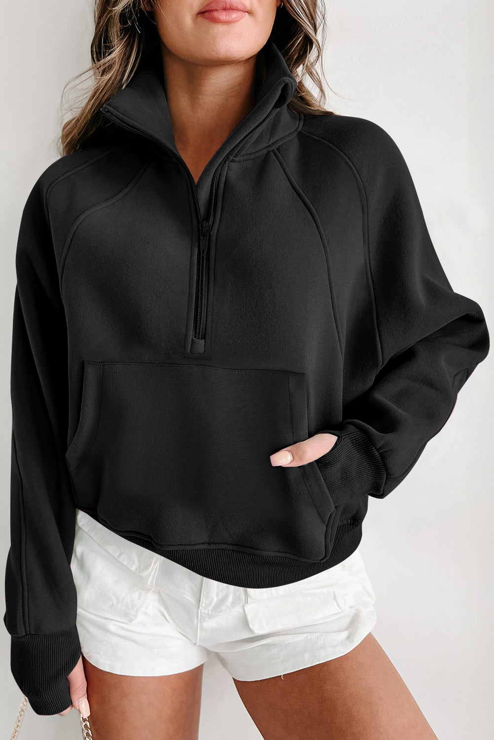 Zip Up Stand Collar Ribbed Thumbhole Sleeve Sweatshirt - 12 Colours Available