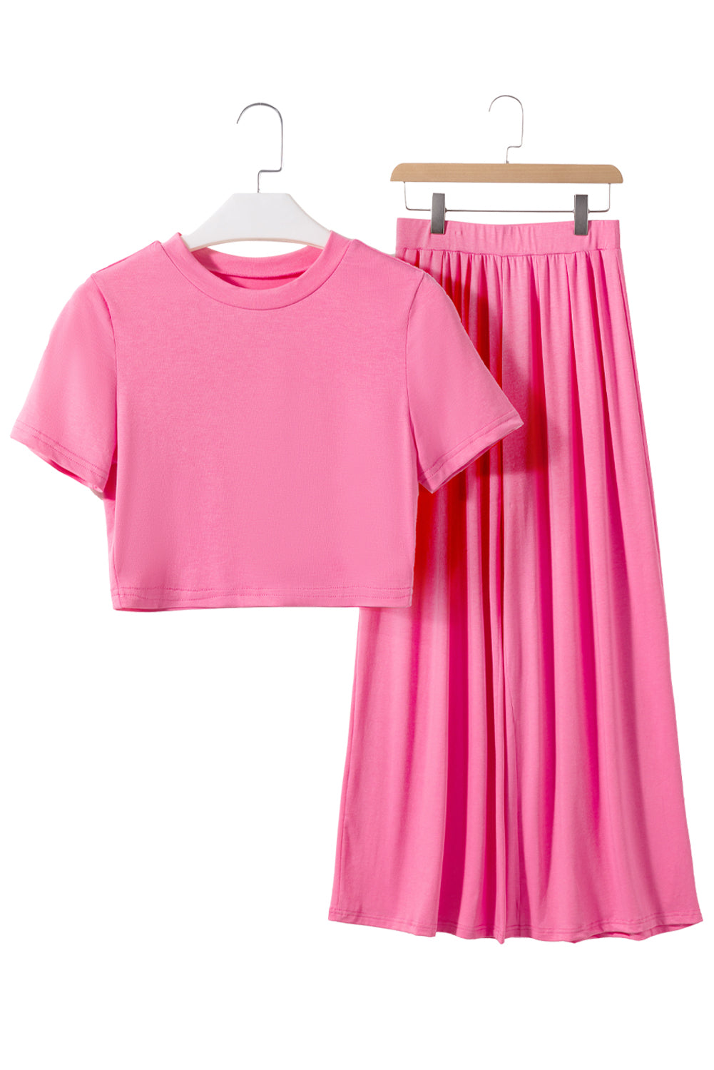 Plain Slim Fit Crop Top And Wide Leg Pants Set