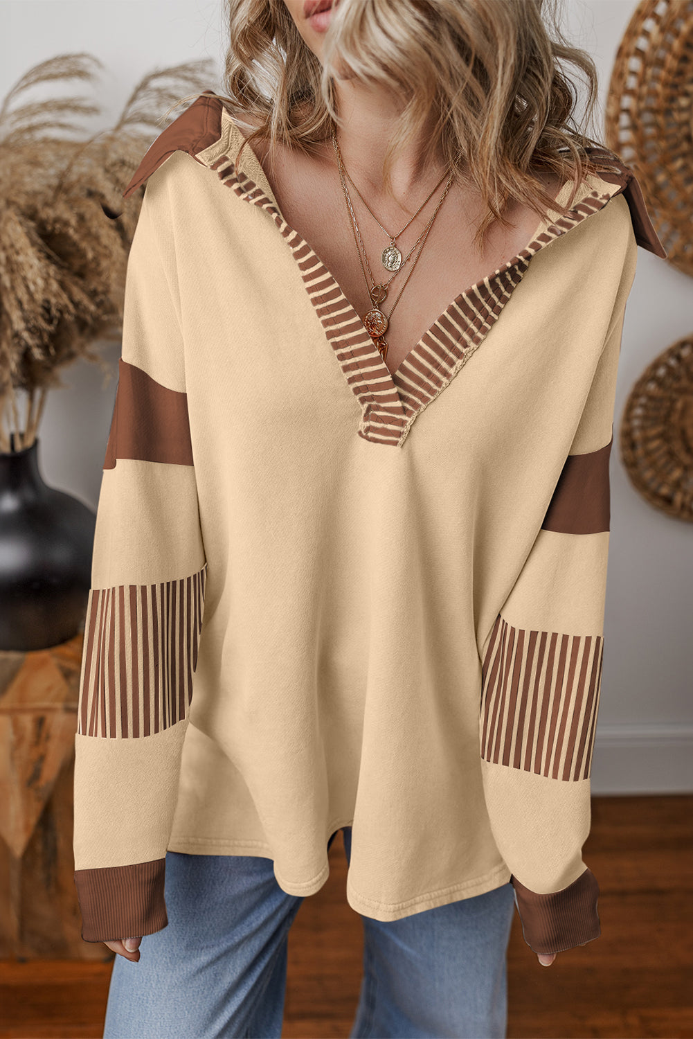 Striped Patchwork Collar Sweatshirt