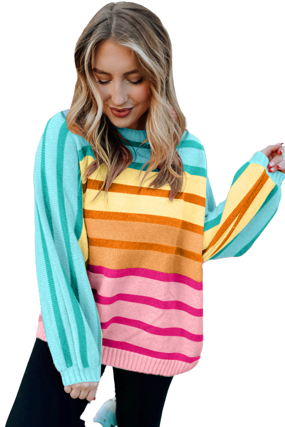 Striped Ribbed Edge Gradient Loose Sweater