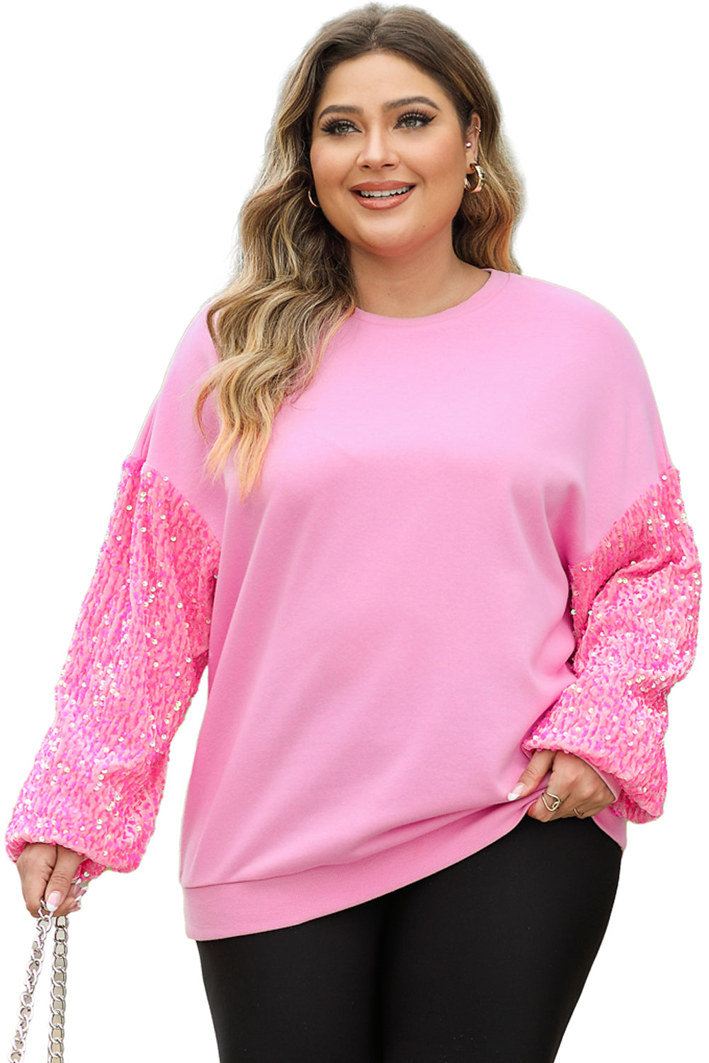 Pink Plus Size Sequin Sleeve Drop Shoulder Sweatshirt