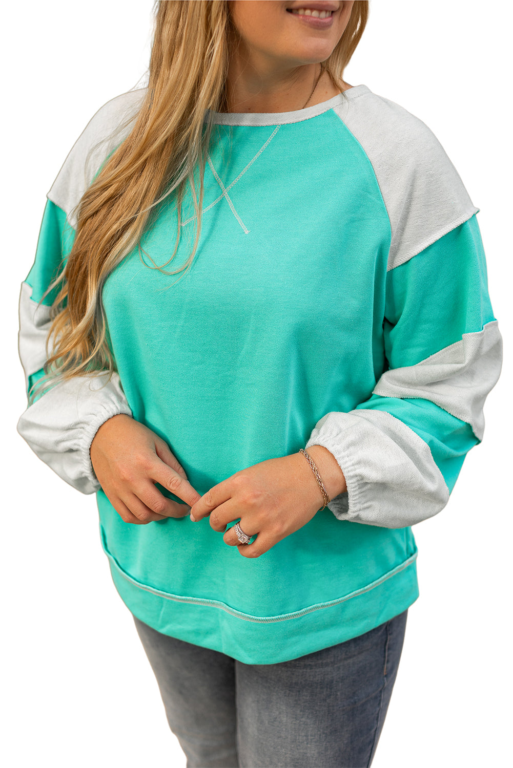 Aruba Blue Colorblock Patchwork Plus Sweatshirt