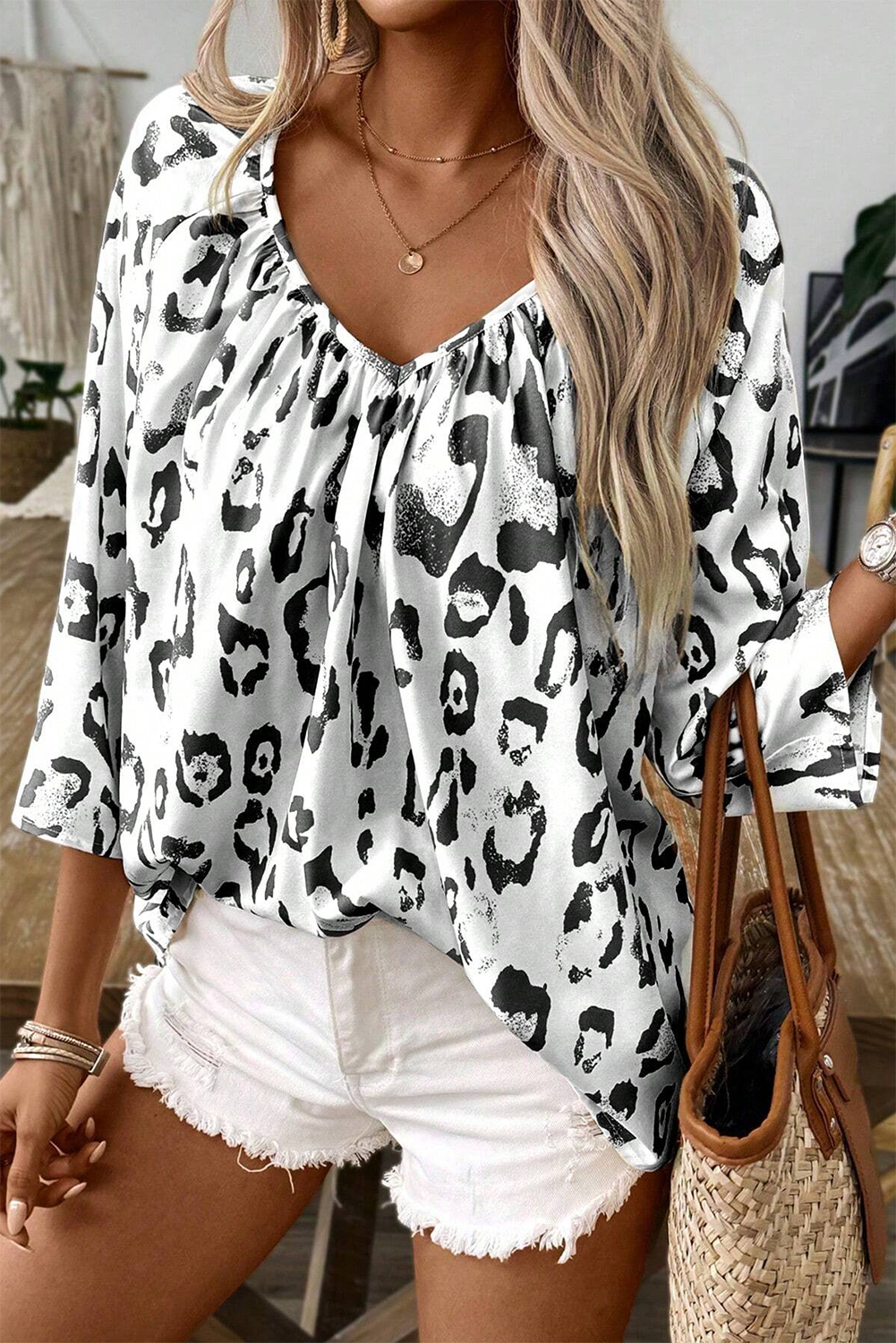 Leopard Print V Neck 3/4 Sleeve Blouse