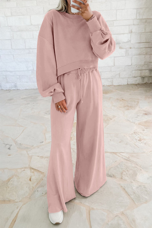 Drop Shoulder Crop Pullover Drawstring Wide Leg Trouser Set