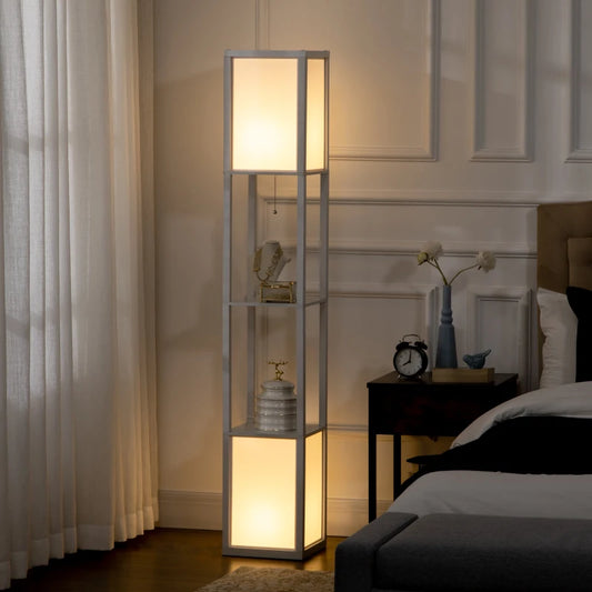 Floor Lamp Shelving Unit with Dual Light in White