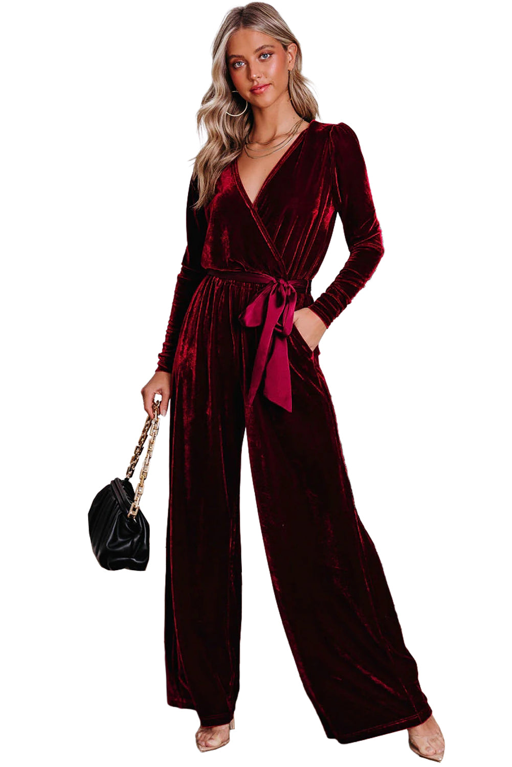 Burgundy Velvet Pocketed Cut Out Back Wide Leg Jumpsuit