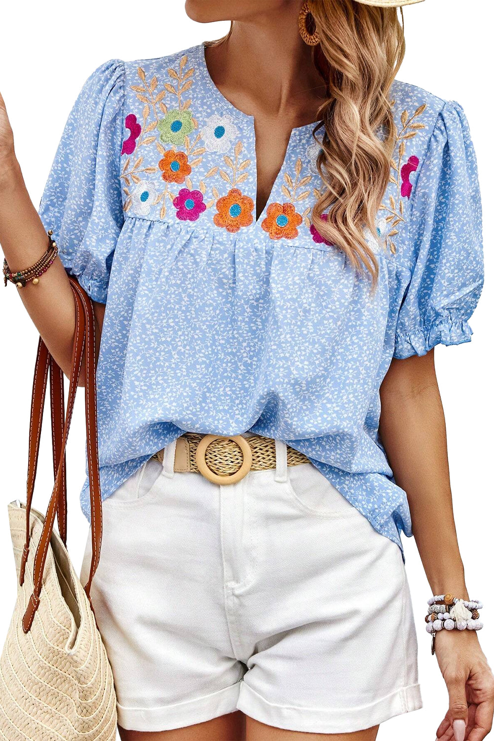 Sky Blue Floral Embroidered Notched V Neck Puff Sleeve Blouse