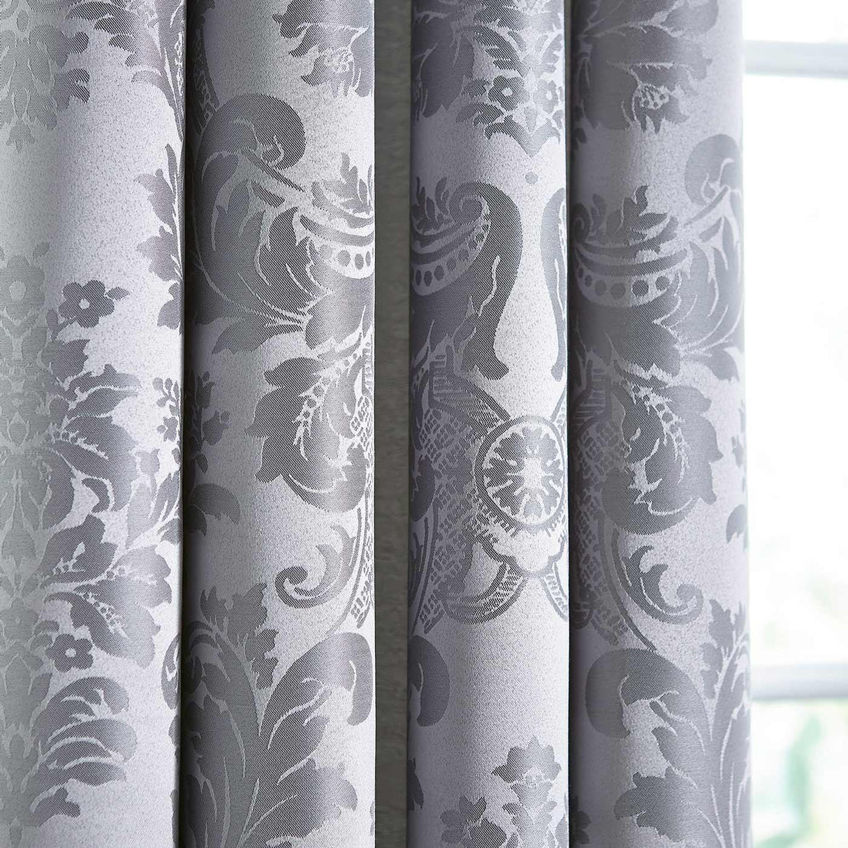 Damask Jacquard Silver Lined Eyelet Curtains by Catherine Lansfield